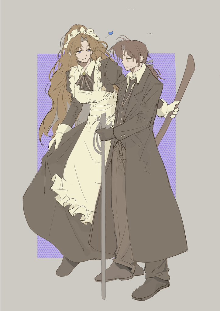 1boy, 1girl, apron, black_bow, black_bowtie, black_coat, black_dress, black_necktie