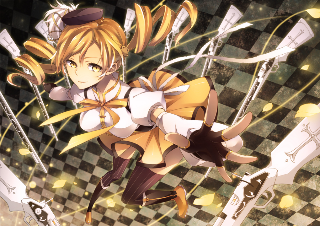 beret, blonde_hair, boots, checkered, checkered_background, detached_sleeves, drill_hair, fingerless_gloves