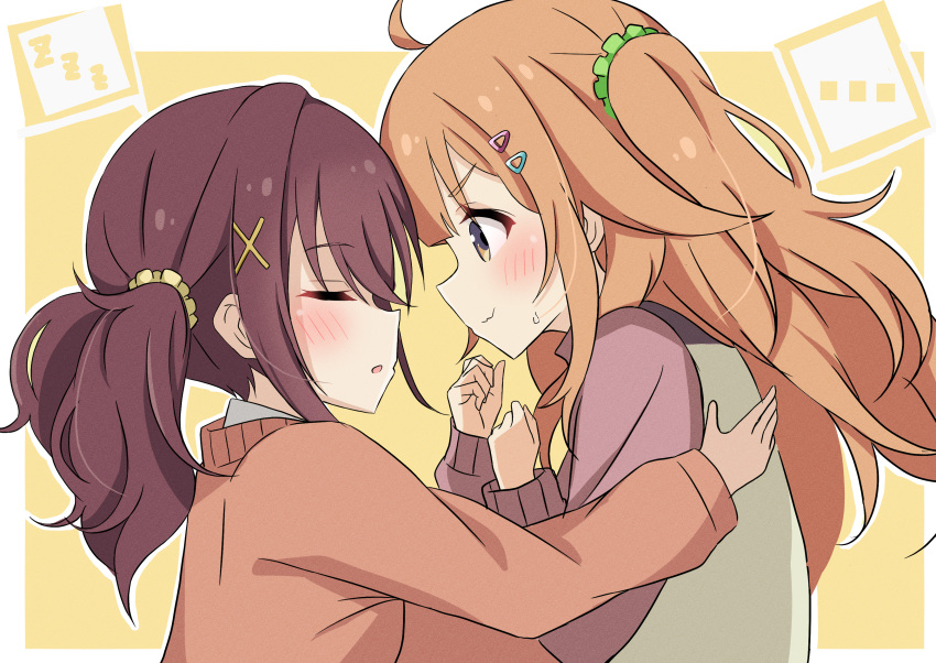 2girls, absurdres, ahoge, blush, brown_hair, closed_eyes, furutachi_kurea, hair_ornament