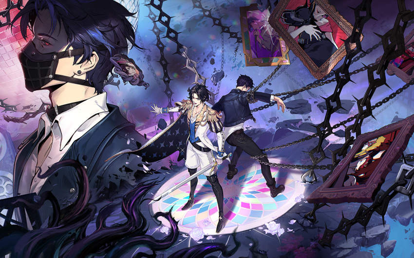 2girls, 3boys, animal, arai_motoha, artist_request, black_dog, black_mask, black_pants