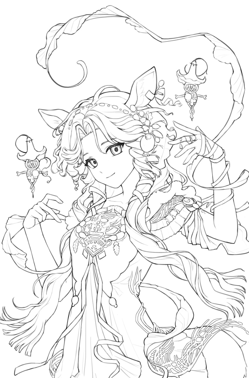 1girl, animal_ears, centauroid, closed_mouth, deer_ears, deer_girl, dress, greyscale