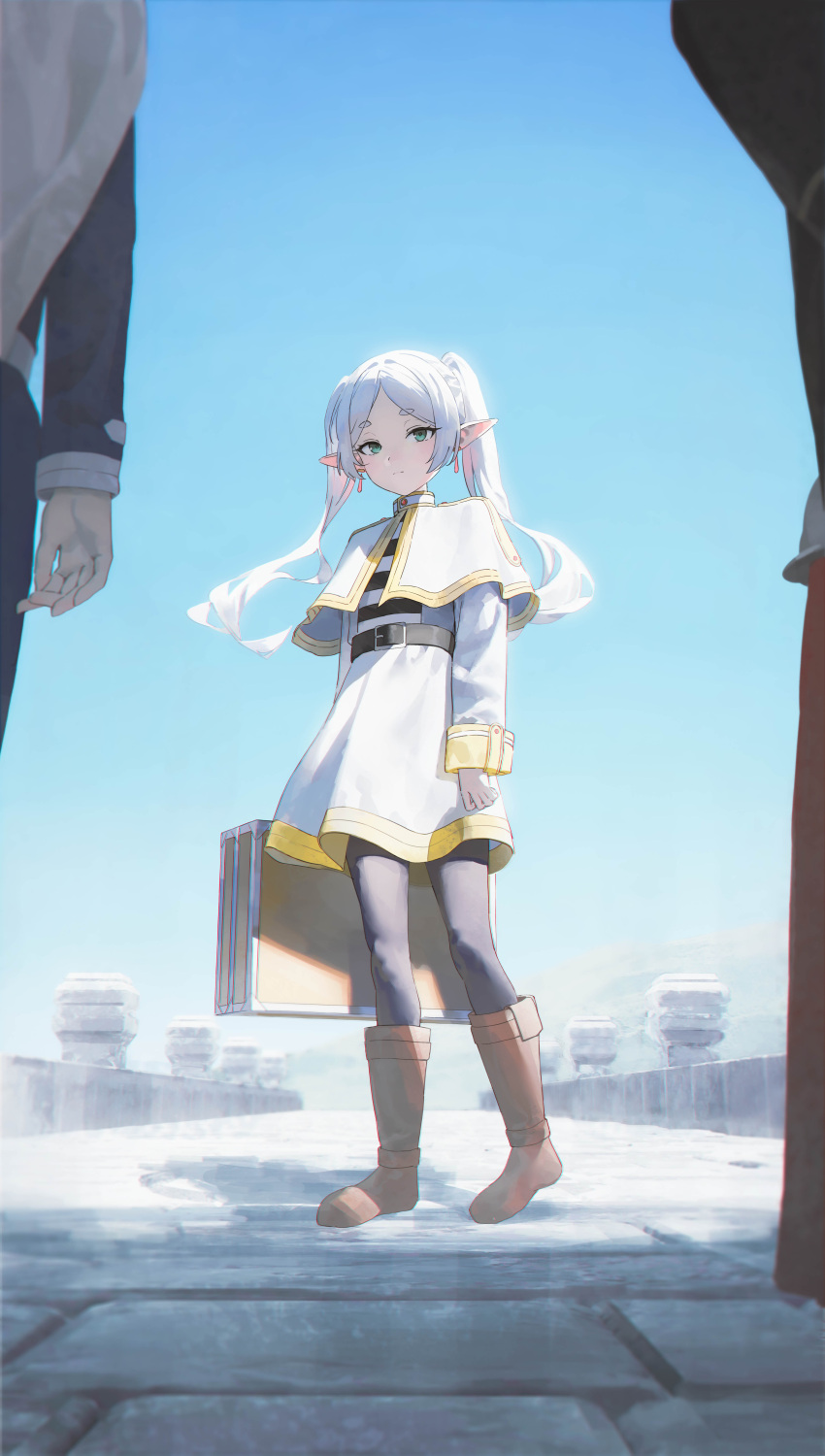 1girl, 2boys, absurdres, blue_sky, blue_tunic, boots, brown_boots, capelet