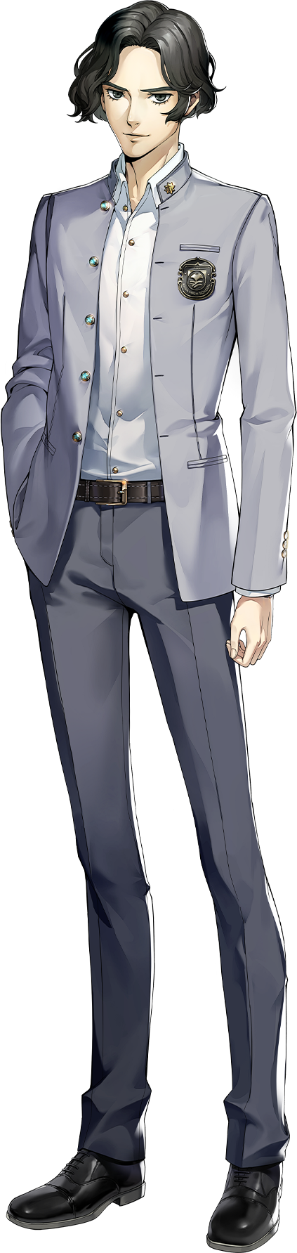1boy, artist_request, belt, belt_buckle, brown_belt, buckle, buttons, closed_mouth, collared_shirt, full_body, grey_jacket, grey_pants, hand_in_pocket, highres, ikenami_shouki, jacket, long_sleeves, male_focus, official_art, open_clothes, open_jacket, pants, persona, persona_5, persona_5:_the_phantom_x, pocket, school_uniform, shirt, short_hair, smile, solo, tall_image, third-party_source, transparent_background, white_shirt