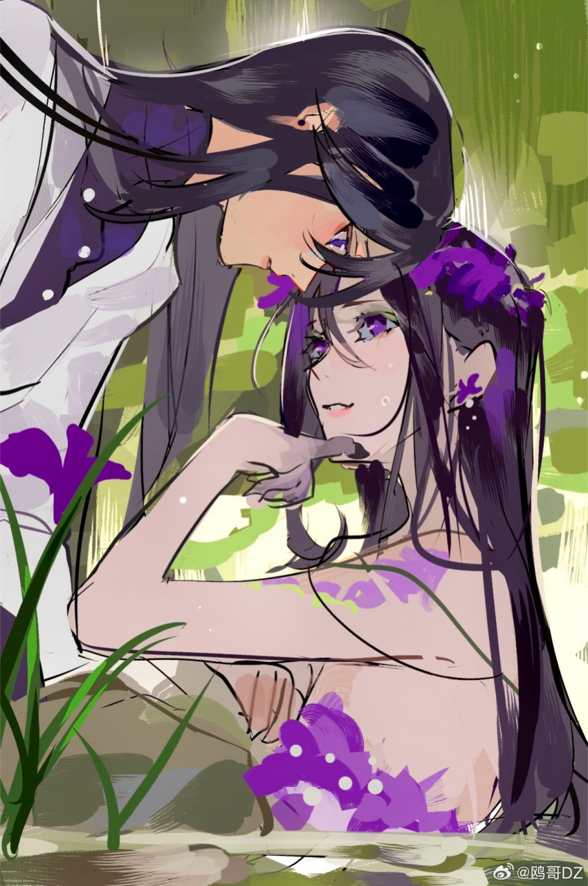 2girls, ayame_en_(ouge_dz), bare_arms, bare_shoulders, black_hair, black_pants, buttons, chinese_commentary, colored_extremities, commentary_request, cowboy_shot, day, dress, dress_shirt, expressionless, eyeshadow, flower, flower_dress, flower_tattoo, forest, from_side, grass, green_eyeshadow, hair_between_eyes, hand_on_own_chin, head_wreath, heads_together, highres, kneeling, lab_coat, lipstick, long_hair, long_sleeves, looking_at_another, makeup, multiple_girls, nature, nervous_smile, original, ouge_dz, outdoors, pants, parted_lips, partially_submerged, pink_lips, pointy_nose, purple_dress, purple_flower, purple_hair, purple_shirt, rock, scientist, shirt, shoulder_tattoo, smile, straight_hair, strapless, strapless_dress, sweatdrop, tattoo, upper_body, violet_eyes, watermark, weibo_watermark, yuri, yuri_chie_(ouge_dz)