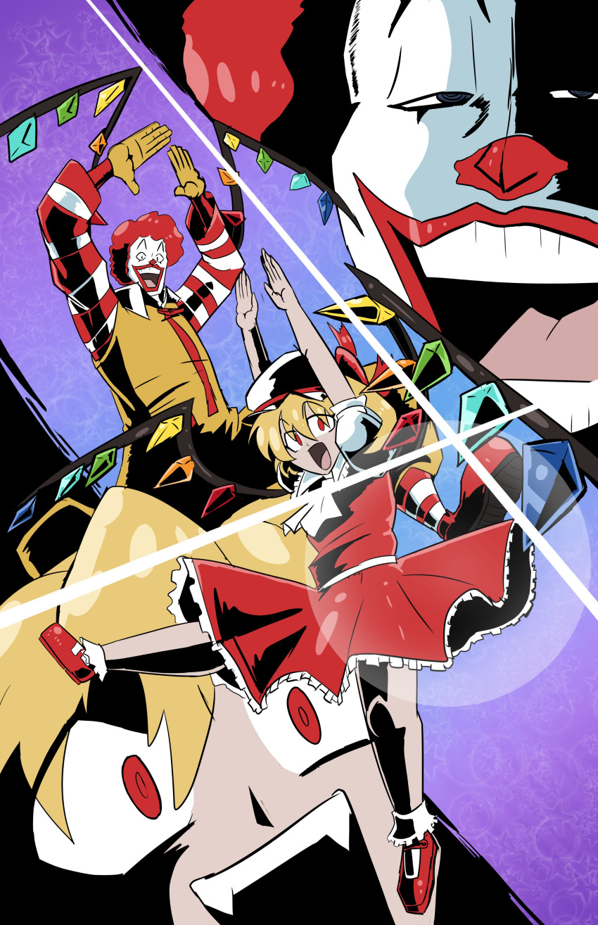 1boy, 1girl, absurdres, blonde_hair, clown, commentary, crossover, crystal_wings