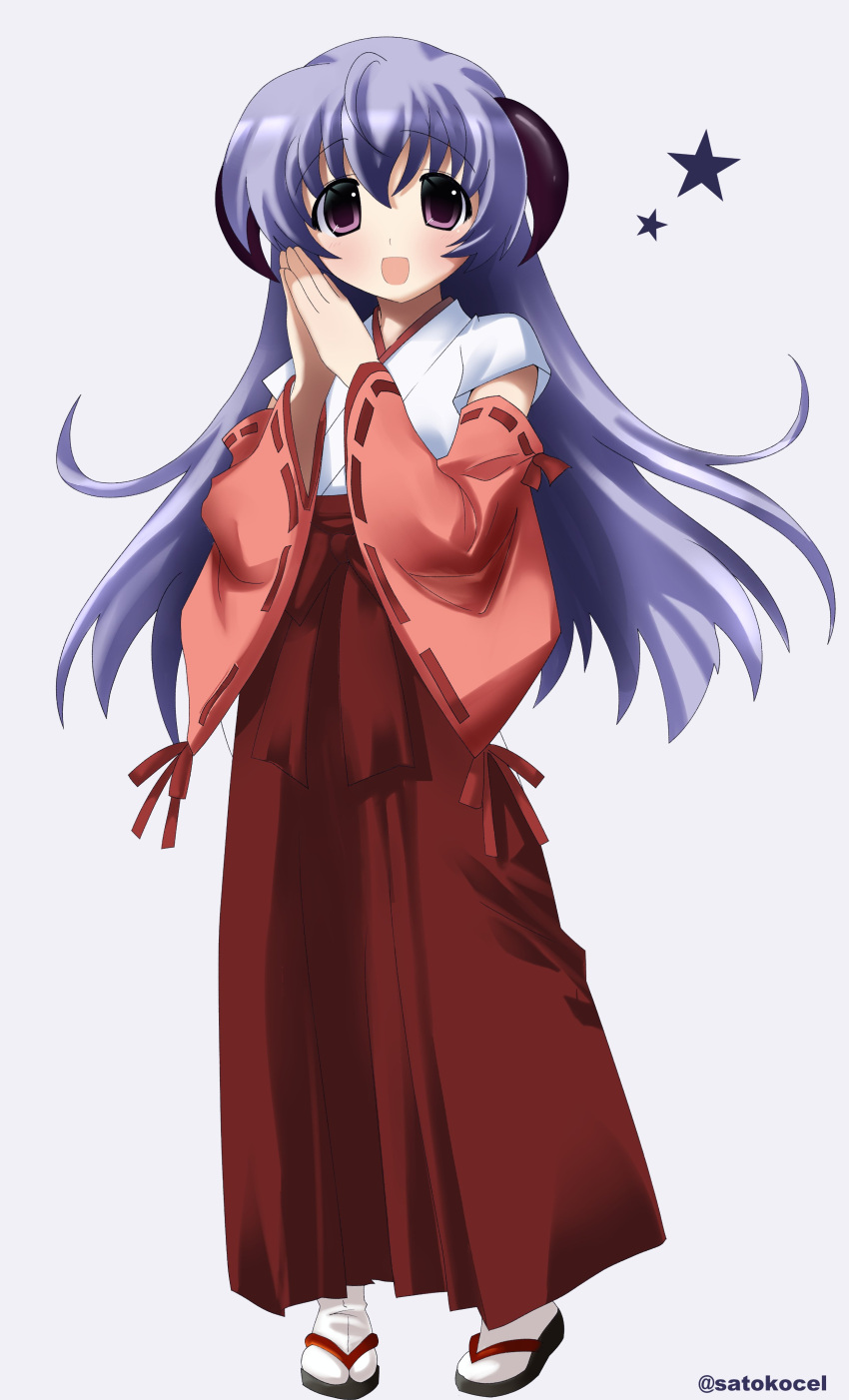 1girl, 2000s_(style), absurdres, blue_hair, commentary, commission, demon_horns, detached_sleeves