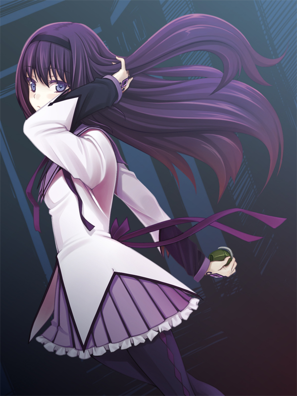 akemi_homura, blue_eyes, explosive, floating_hair, gradient_hair, grenade, hair_tucking, hairband