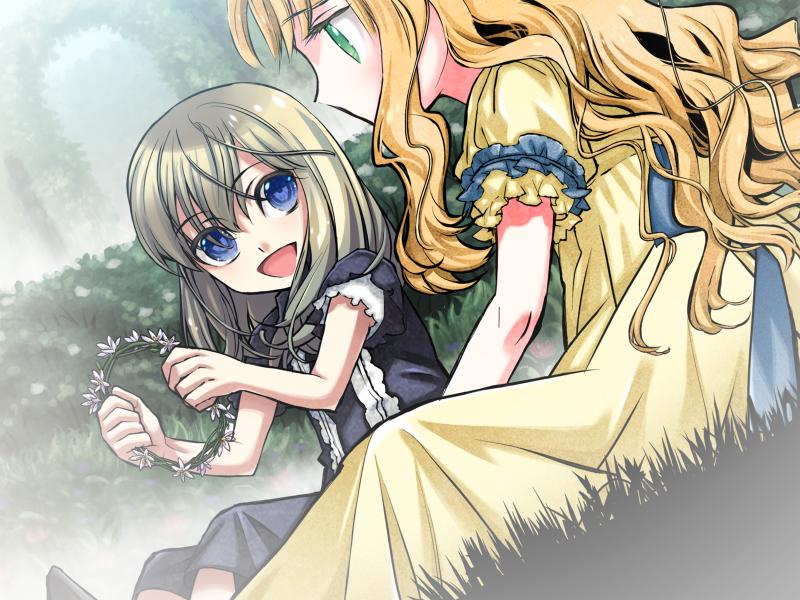 akira_(kaned_fools), blonde_hair, blue_eyes, brown_hair, charlotte_bronte, child, dress, dutch_angle