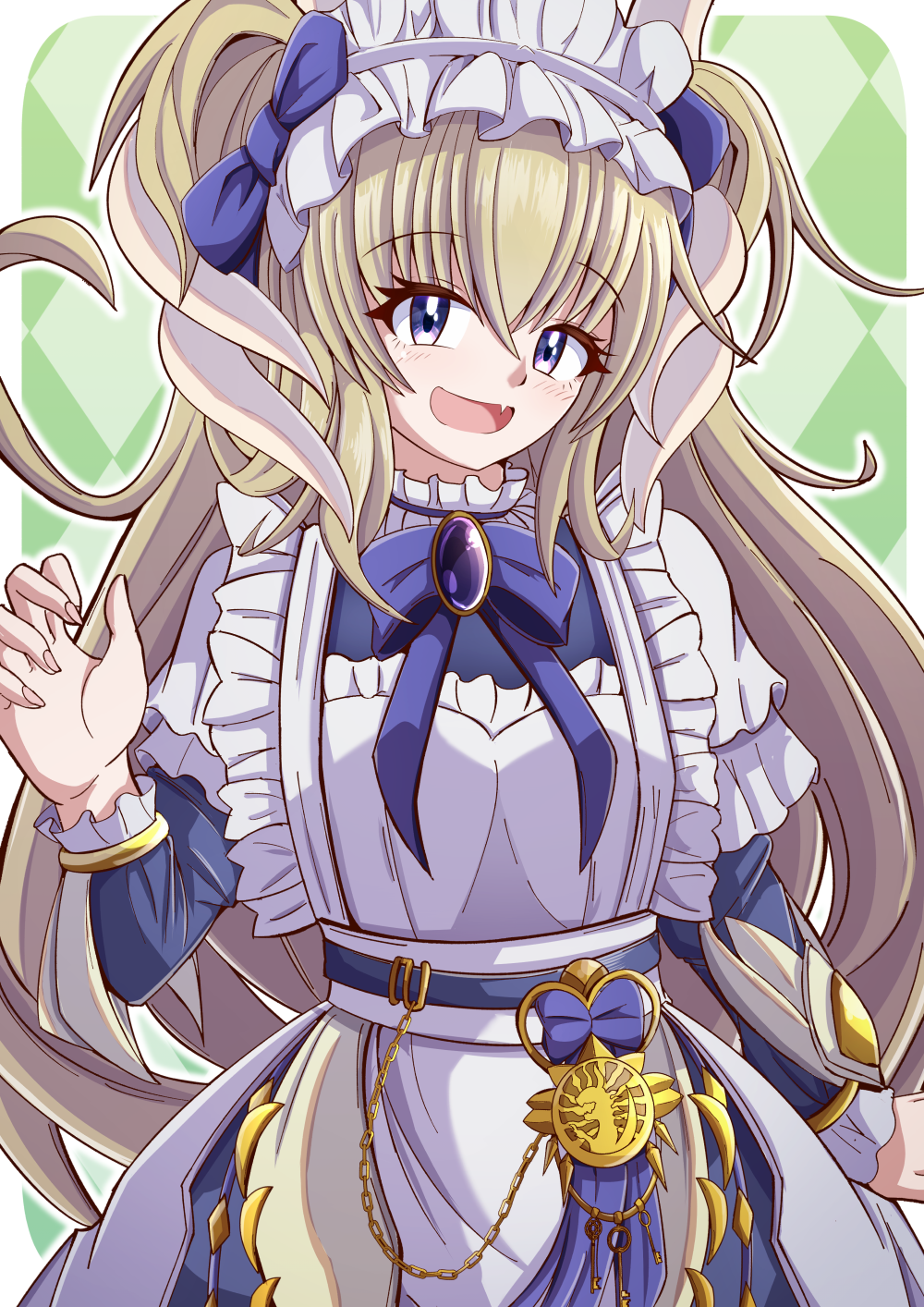 1girl, aospanking, apron, blonde_hair, bow, breasts, checkered_background, dragon_girl, dragon_horns, dragon_wings, dress, duel_monster, frilled_apron, frilled_dress, frilled_hairband, frilled_sleeves, frills, hair_bow, hairband, highres, horns, lady's_dragonmaid, long_hair, long_sleeves, looking_at_viewer, maid, maid_apron, maid_headdress, medium_breasts, open_mouth, puffy_long_sleeves, puffy_sleeves, purple_bow, smile, solo, very_long_hair, violet_eyes, white_apron, wings, yu-gi-oh!