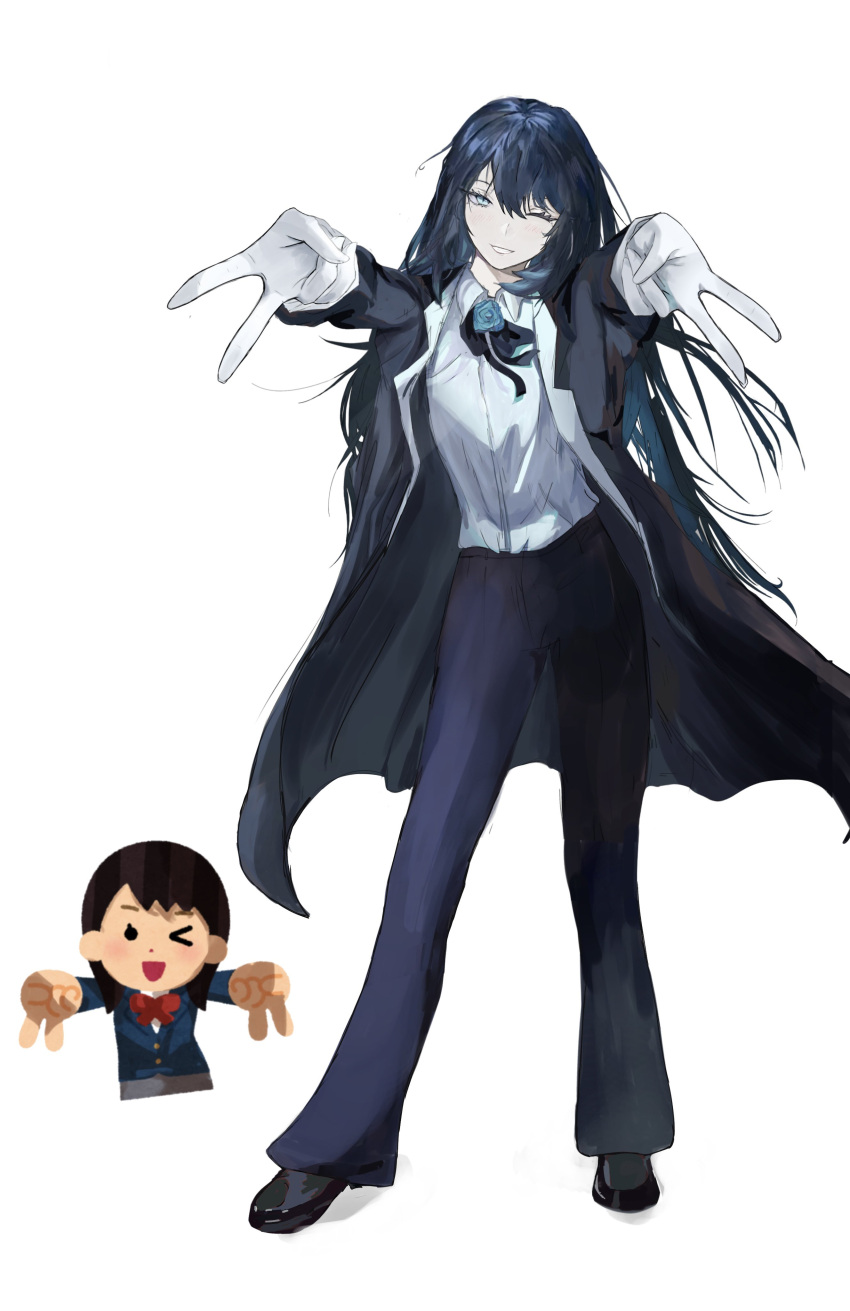 2girls, absurdres, ado_(utaite), black_bow, black_bowtie, black_coat, black_pants, blue_eyes, blue_flower, blue_hair, blue_jacket, blue_rose, blush, bow, bowtie, brooch, chando_(ado), coat, colored_inner_hair, commentary, double_gyaru_v, flower, flower_brooch, gloves, gyaru_v, highres, irasutoya, irasutoya_challenge, jacket, jewelry, kahuna90231217, long_hair, looking_at_viewer, mole, mole_under_eye, multicolored_hair, multiple_girls, one_eye_closed, open_clothes, open_coat, open_mouth, pants, rose, school_uniform, shirt, simple_background, v, white_background, white_gloves, white_shirt