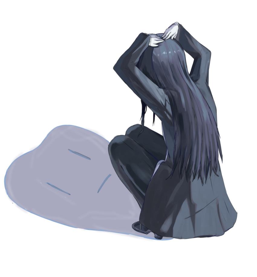 1girl, ado_(utaite), black_coat, black_hair, black_pants, cat_shadow_puppet_(meme), chando_(ado), coat