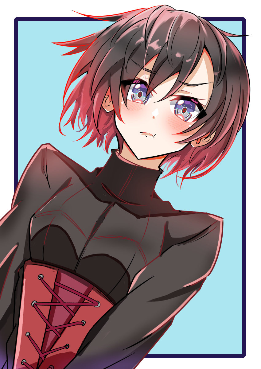 :t, absurdres, bakuma, black_shirt, blue_background, blue_eyes, blush, border, brown_hair, gradient_hair, hair_between_eyes, highres, looking_at_viewer, multicolored_hair, outside_border, red_hair, ruby_rose, rwby, shirt, underbust, upper_body, white_border