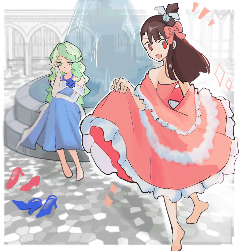 2girls, :d, barefoot, blue_dress, blurry, blurry_background, bow, brown_hair, chya_dan_go12, day, diana_cavendish, dress, elbow_gloves, evening_gown, frilled_dress, frills, full_body, gloves, green_hair, grey_gloves, hair_bow, head_rest, highres, jewelry, kagari_atsuko, little_witch_academia, looking_at_another, looking_at_viewer, looking_back, multicolored_hair, multiple_girls, necklace, one_side_up, outdoors, pink_bow, pink_dress, red_eyes, shoes, sitting, sketch, skirt_hold, smile, standing, standing_on_one_leg, two-tone_hair, unworn_shoes, white_hair