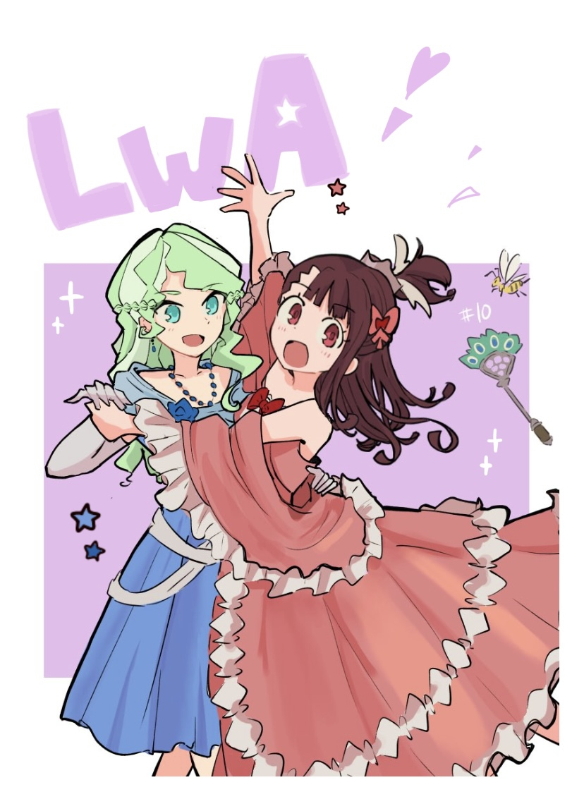2girls, :d, arm_up, blue_dress, blue_eyes, bow, bowtie, brown_hair, chya_dan_go12, dancing, diana_cavendish, dress, elbow_gloves, evening_gown, gloves, green_hair, grey_gloves, jewelry, kagari_atsuko, little_witch_academia, long_dress, long_hair, multicolored_hair, multiple_girls, necklace, one_side_up, pink_dress, pink_sash, red_bow, red_bowtie, red_eyes, sash, sketch, smile, two-tone_hair, white_hair