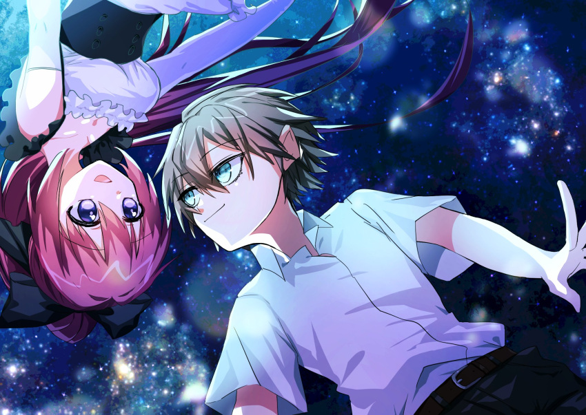 1boy, 1girl, blue_eyes, bow, brown_hair, choker, gloves, hair_bow