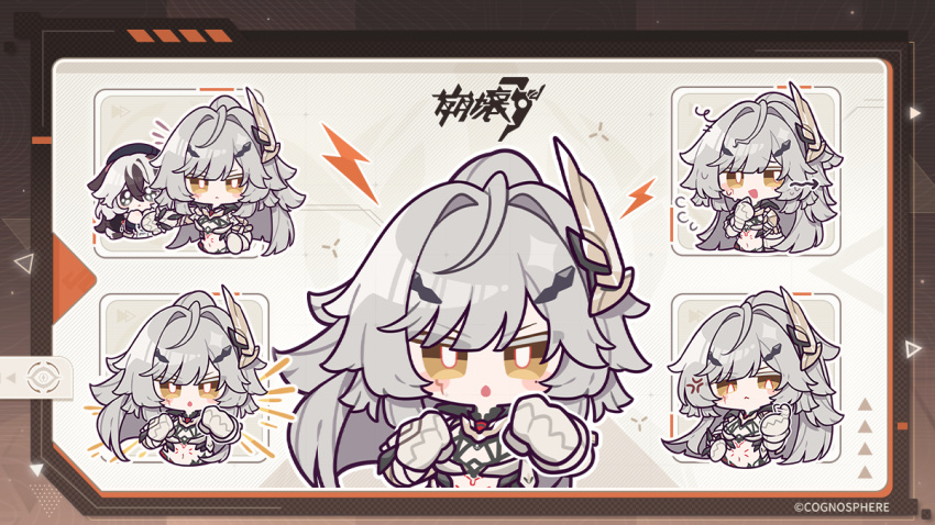 ahoge, copyright_name, coralie_6626_planck, erdos_helia, erdos_helia_(planar_armament:_warped_spacetime), facial_mark, gloves, grey_hair