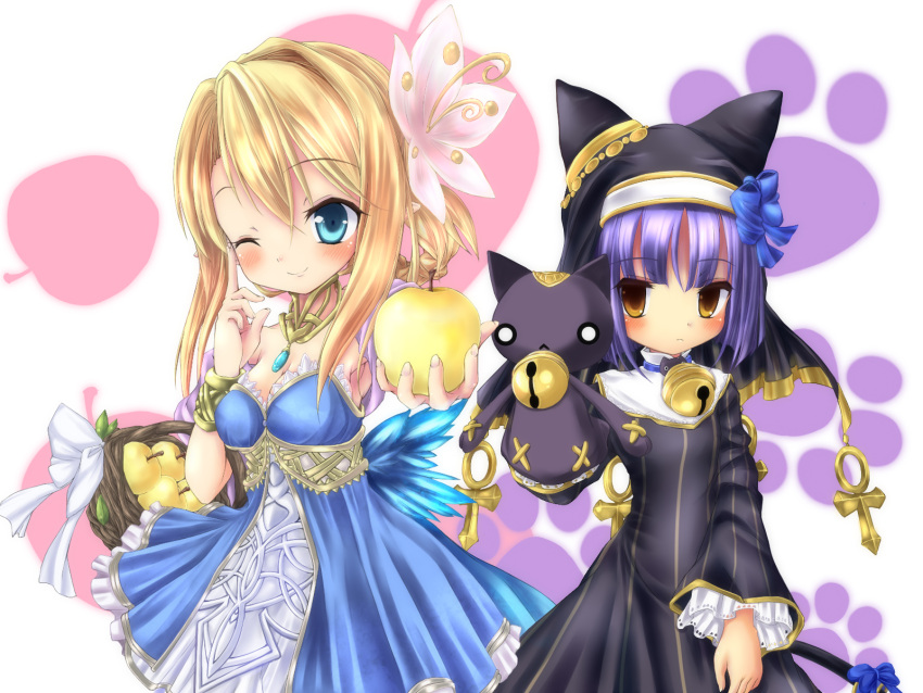 2girls, animal_ear_headwear, ankh, apple, bag, bastet_lore, black_dress, blonde_hair