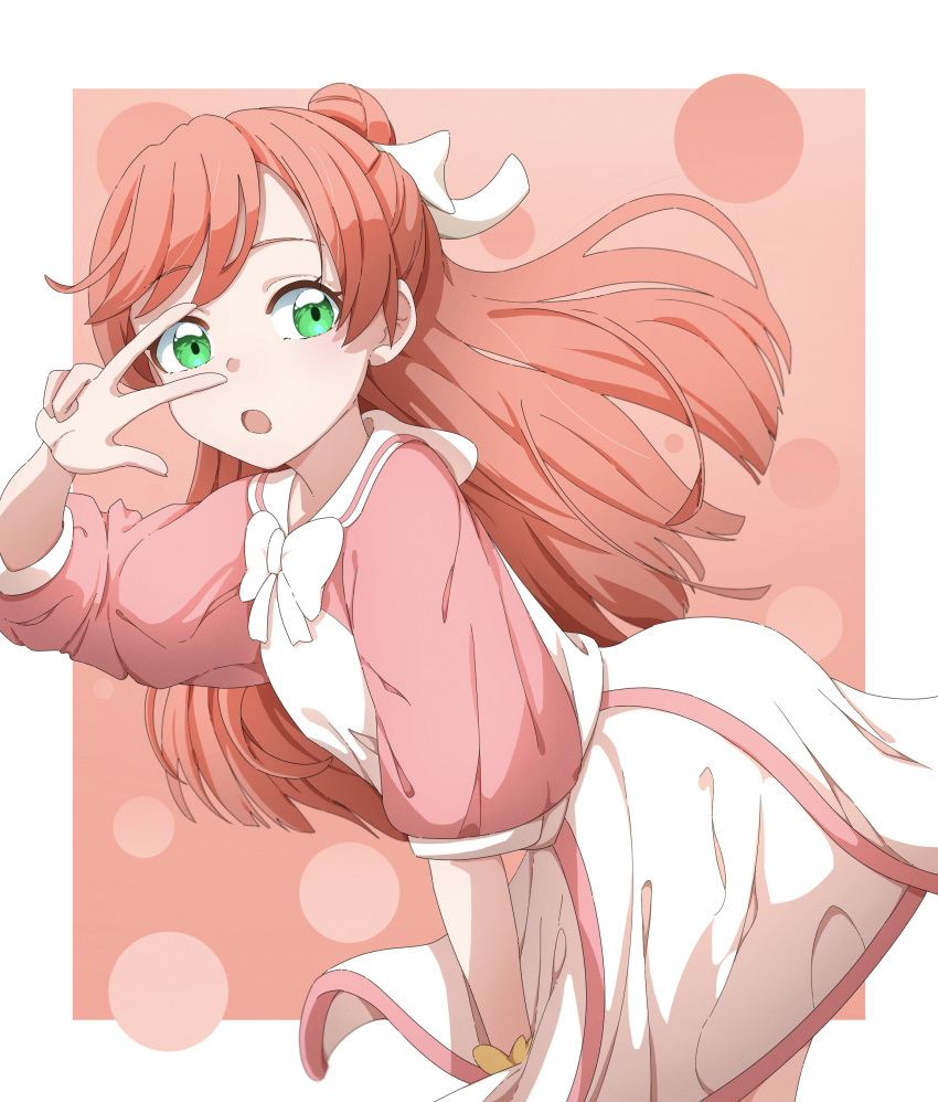 1girl, :o, absurdres, border, bow, bowtie, commentary, dress