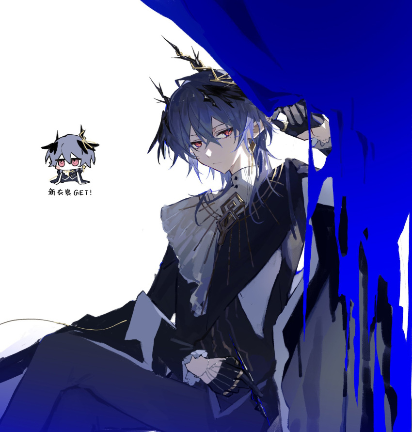 1boy, ambience_synesthesia, arknights, black_gloves, blue_background, blue_hair, chibi, gloves