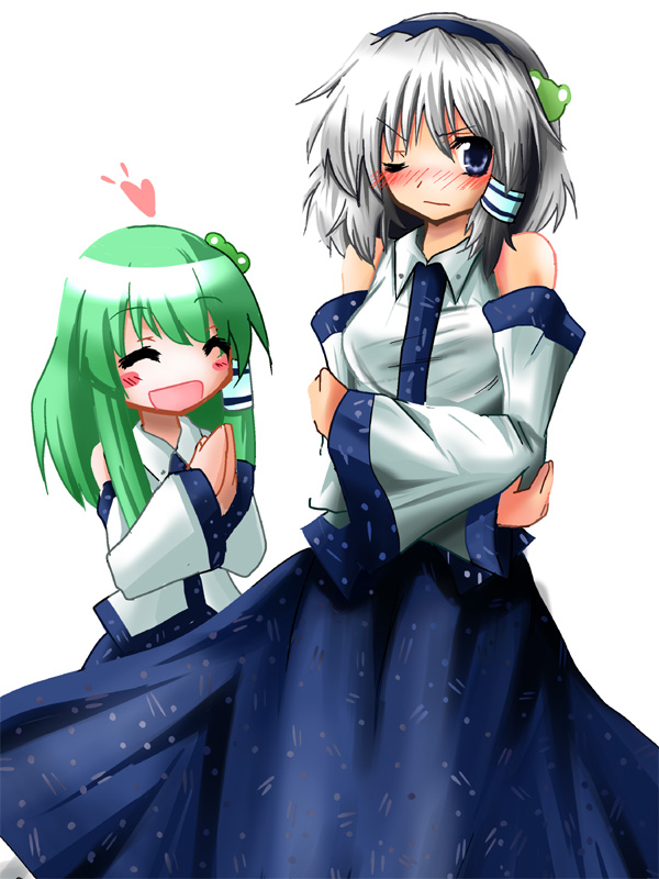 alice_margatroid, alternate_hair_color, alternate_hairstyle, blue_eyes, blush, cosplay, detached_sleeves, frog, green_hair, hair_ornament, hair_tubes, hairband, heart, hinomoto, izayoi_sakuya, kochiya_sanae, kochiya_sanae_(cosplay), long_hair, long_skirt, multiple_girls, short_hair, silver_hair, skirt, touhou