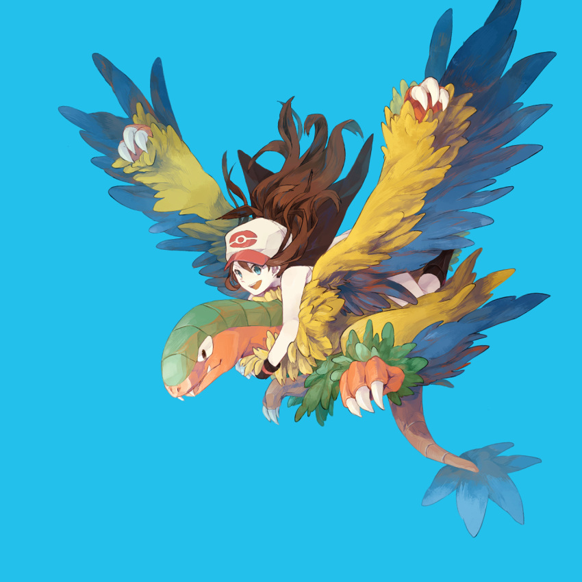 1girl, archeops, bad_id, baseball_cap, blue_eyes, brown_hair, flying, hat