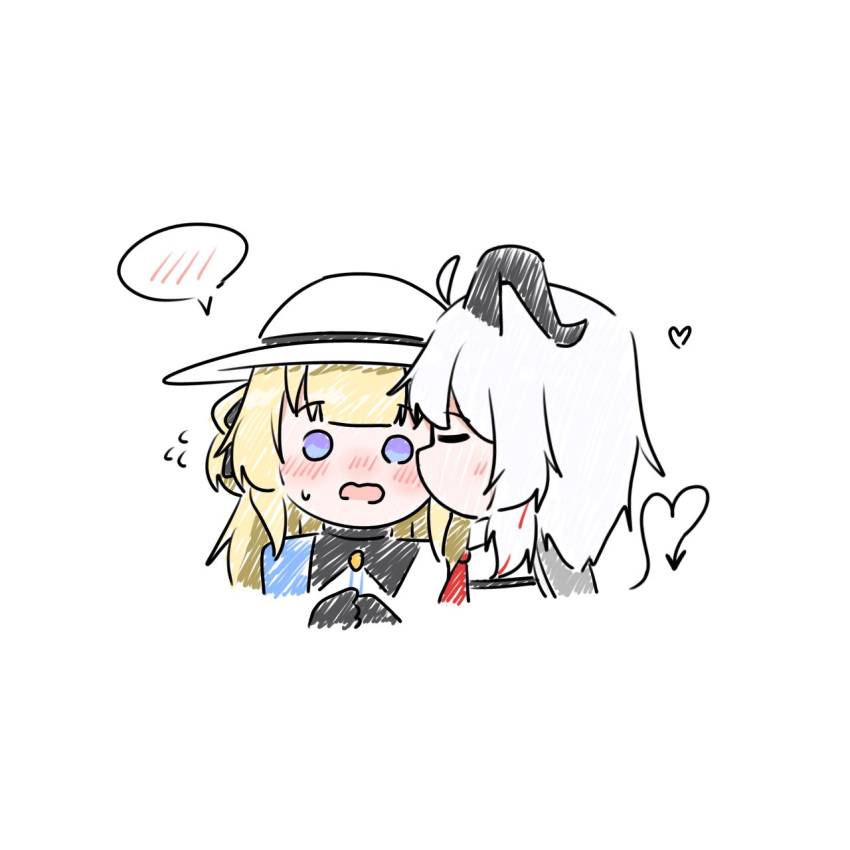 2girls, ahoge, black_collar, black_gloves, black_horns, blonde_hair, blood, blue_eyes