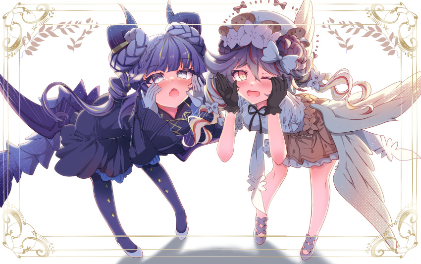 2girls, absurdres, angel, angel_and_devil, angel_wings, angello_vaalmonica, black_dress, black_gloves