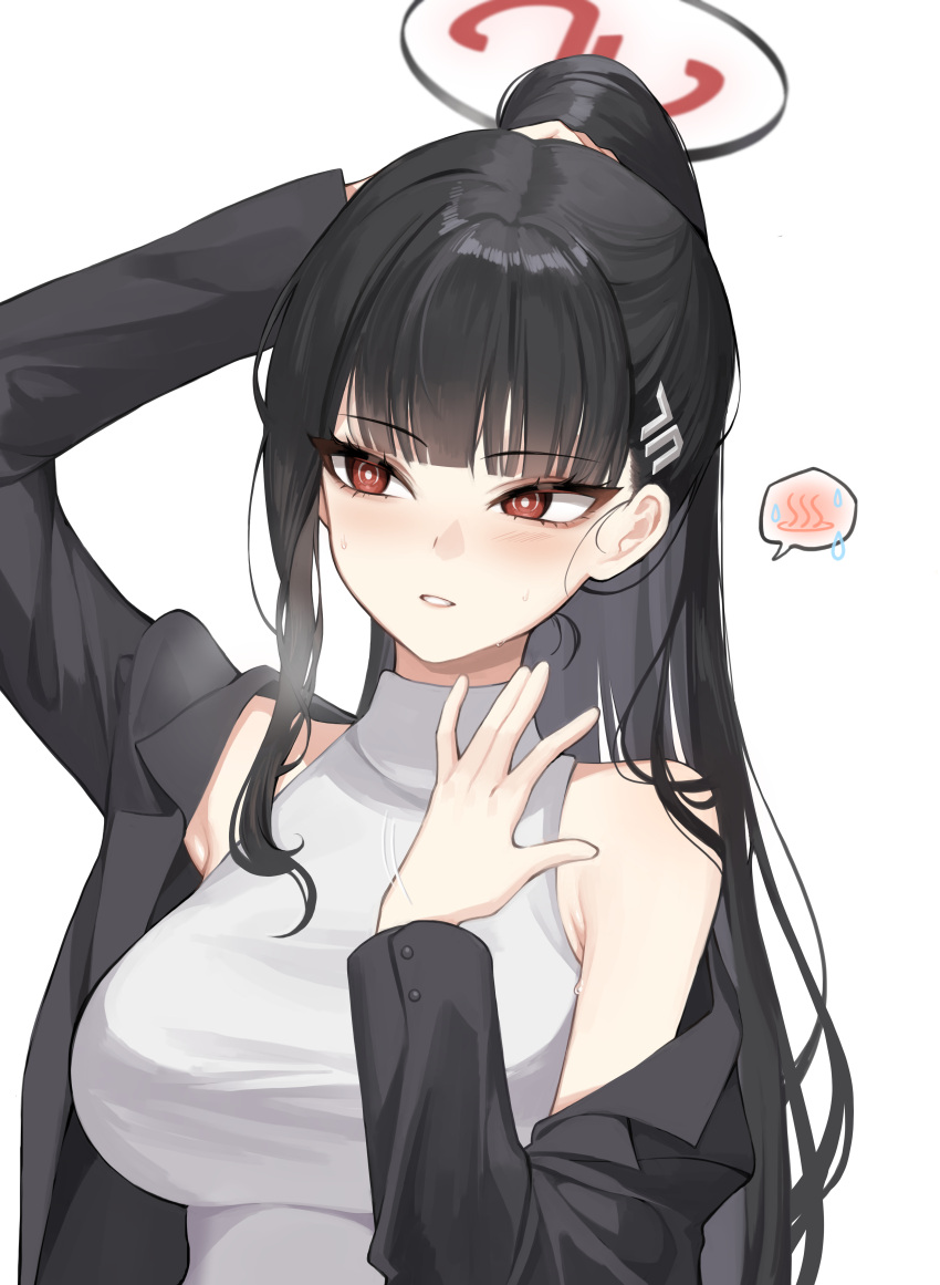 1girl, absurdres, black_hair, black_jacket, blue_archive, blush, ddungddang, fanning_self