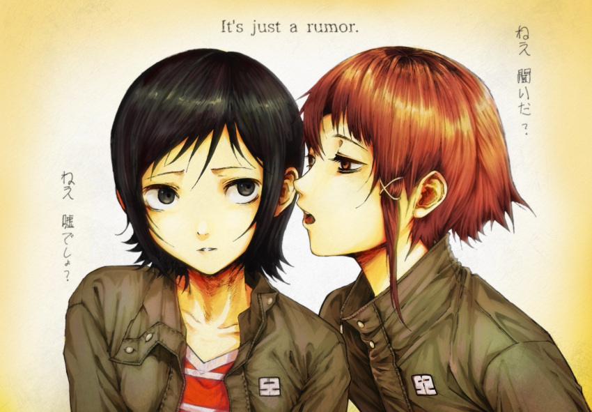 2girls, black_hair, blue_eyes, brown_eyes, brown_hair, brown_jacket, collarbone, collared_jacket
