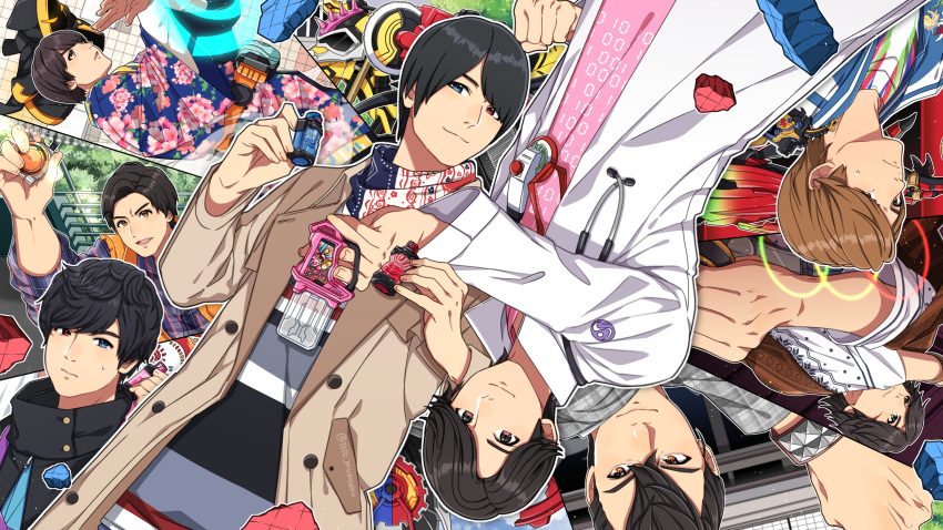 1010_mumumu, 6+boys, ankh_(ooo), banjou_ryuuga, binary, black_hair, blue_eyes, blue_shirt