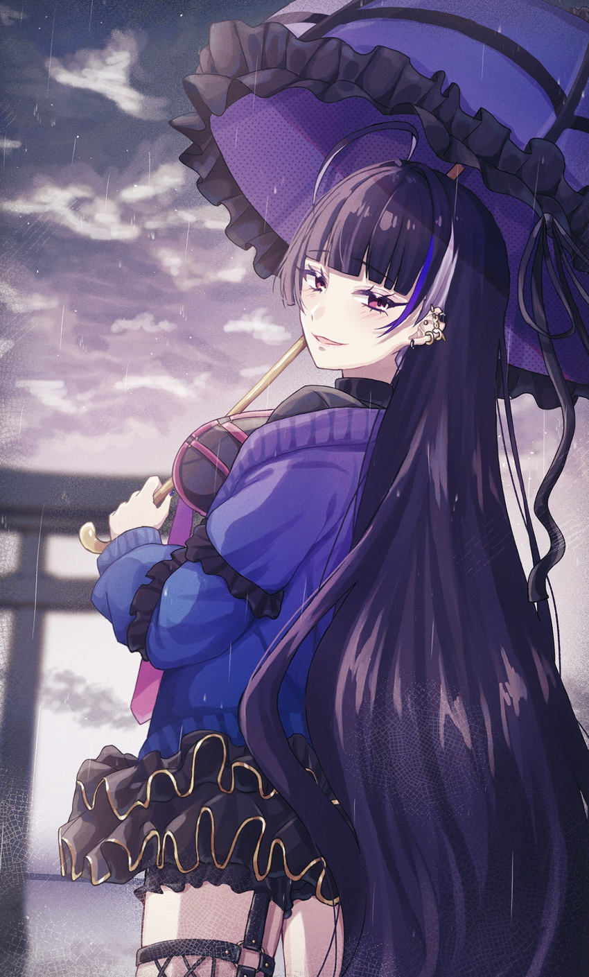 1girl, absurdres, ahoge, black_hair, black_shirt, blunt_bangs, blush, breasts