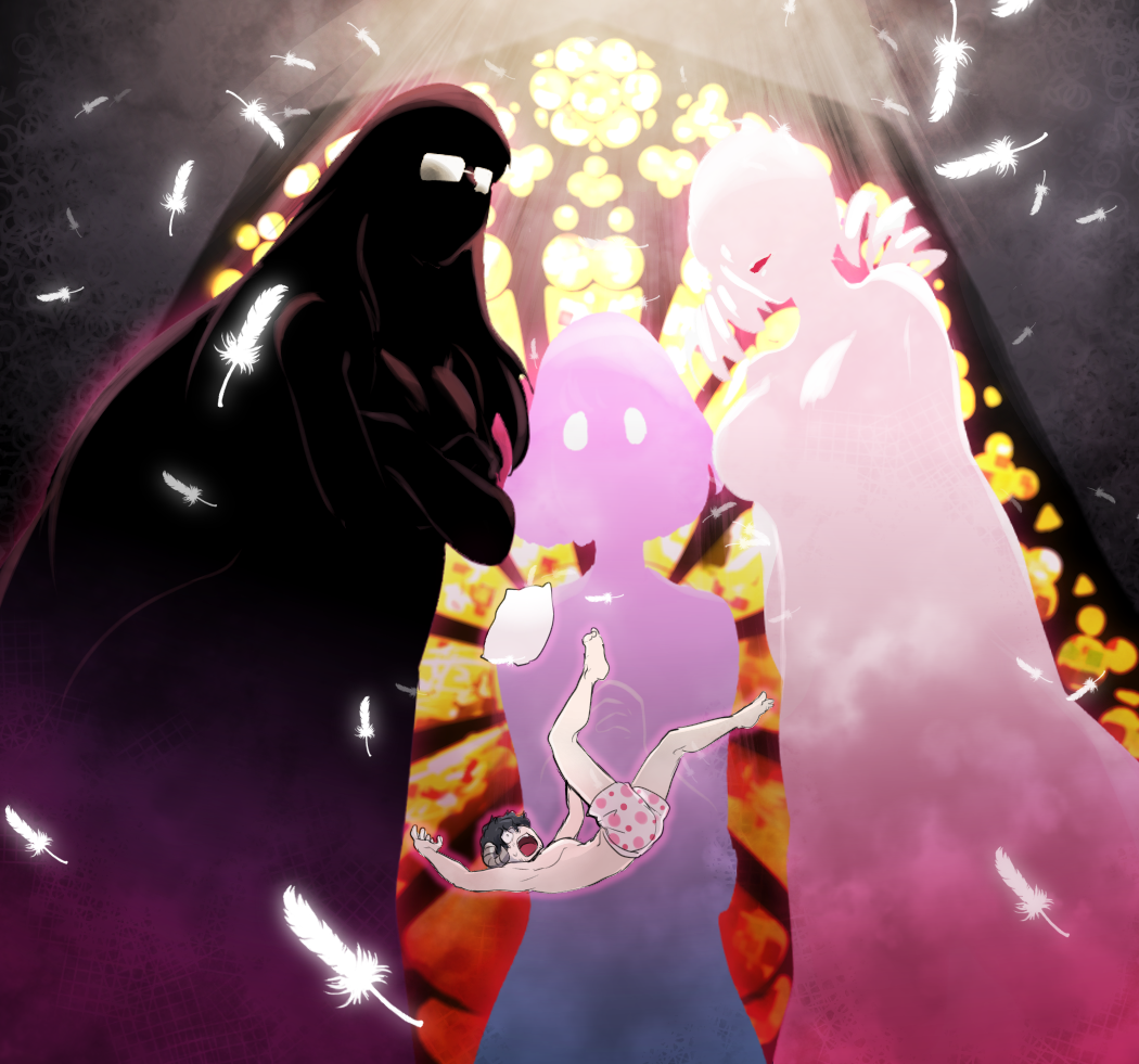 2boys, 2girls, briefs, catherine:_full_body, catherine_(atlus_character), catherine_(game), church, eyed_silhouette