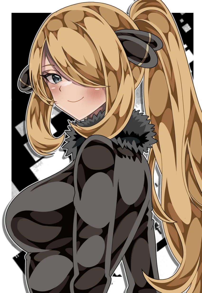1girl, alternate_hairstyle, black_coat, blonde_hair, breasts, closed_mouth, coat, cynthia_(pokemon), from_side, fur-trimmed_coat, fur_collar, fur_trim, grey_eyes, hair_ornament, hair_over_one_eye, highres, large_breasts, long_hair, medium_breasts, pokemon, pokemon_dppt, ponytail, shiki_(kisikisi1007), smile, solo, upper_body, wavy_hair