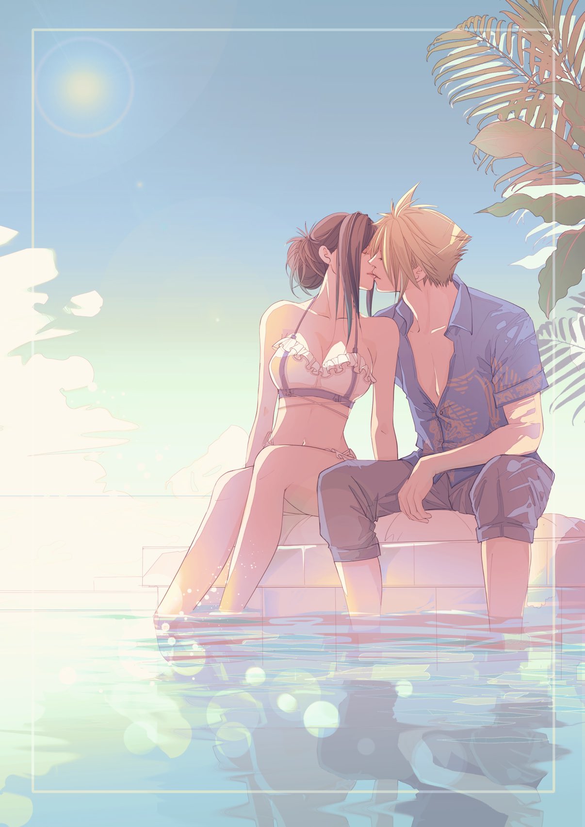 beach, bikini, bikini_skirt, black_hair, blonde_hair, breasts, closed_eyes, cloud_strife