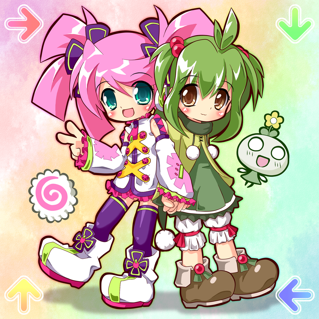 :3, :d, ahoge, aqua_eyes, bangs, bloomers, blush, brown_eyes, crossover, dance_dance_revolution, detached_sleeves, dress, flower, flower_on_head, frills, green_hair, hair_bobbles, hair_ornament, hand_holding, haruka_nana, headphones, holding_hands, jacket, miokuri, multiple_girls, nekoken7s, o_o, open_mouth, pam_(utau), payot, pink_hair, purple_legwear, scarf, shoes, short_twintails, skirt, smile, standing, swept_bangs, thigh-highs, thighhighs, twintails, utau, v, zettai_ryouiki, zipper