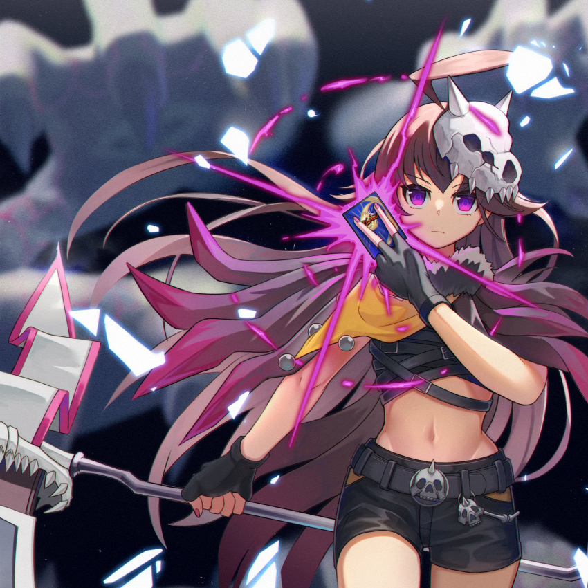 1girl, aura, black_gloves, black_shorts, blurry, blurry_background, card, closed_mouth