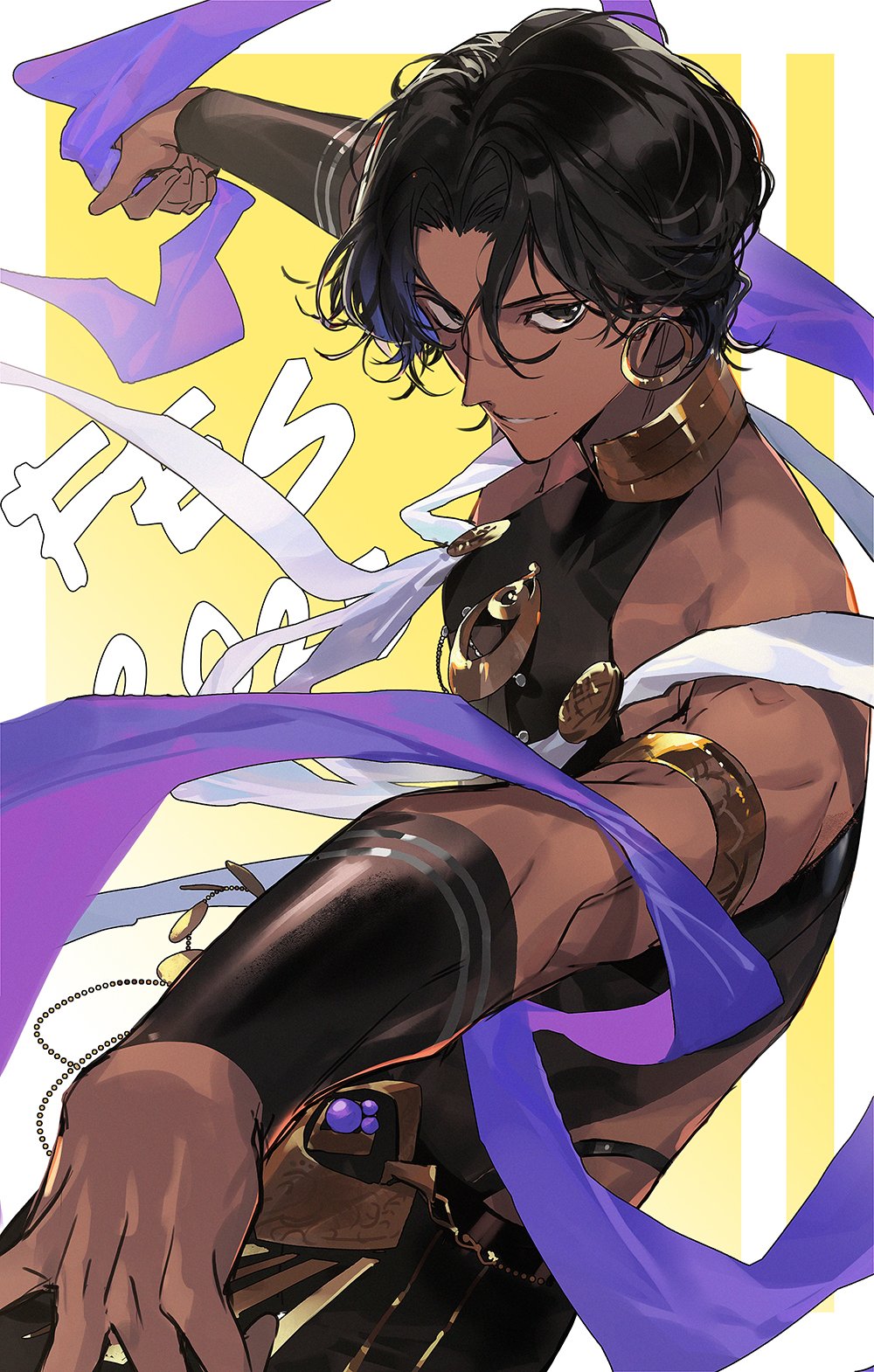 1boy, arjuna_(fate), arjuna_(fgo_fes._2025)_(fate), bbprism, belly_chain, bishounen, black_eyes, black_hair