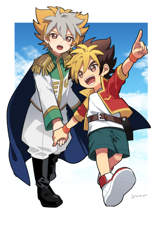 2boys, age_difference, amanogawa_ginga, amanogawa_ryuusei, artist_name, belt, belt_buckle, belt_pouch