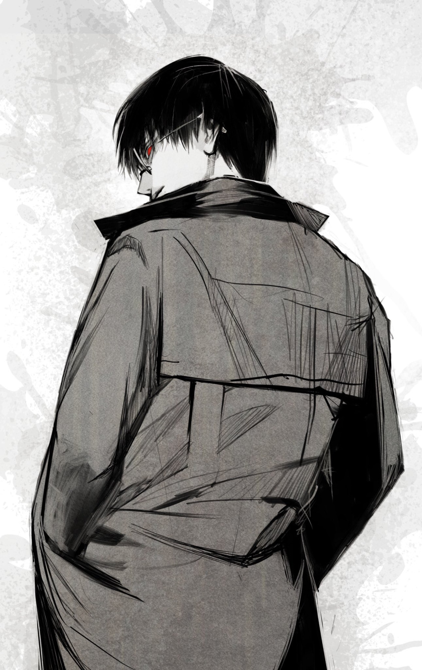 1boy, black_coat, black_hair, black_reaper, black_shirt, coat, collared_coat, collared_shirt, glasses, hands_in_pockets, highres, kaneki_ken, long_sleeves, looking_at_viewer, looking_back, male_focus, red_eyes, shirt, short_hair, simple_background, solo, stfr_(stfr_kaz), tokyo_ghoul, tokyo_ghoul:re, white_background