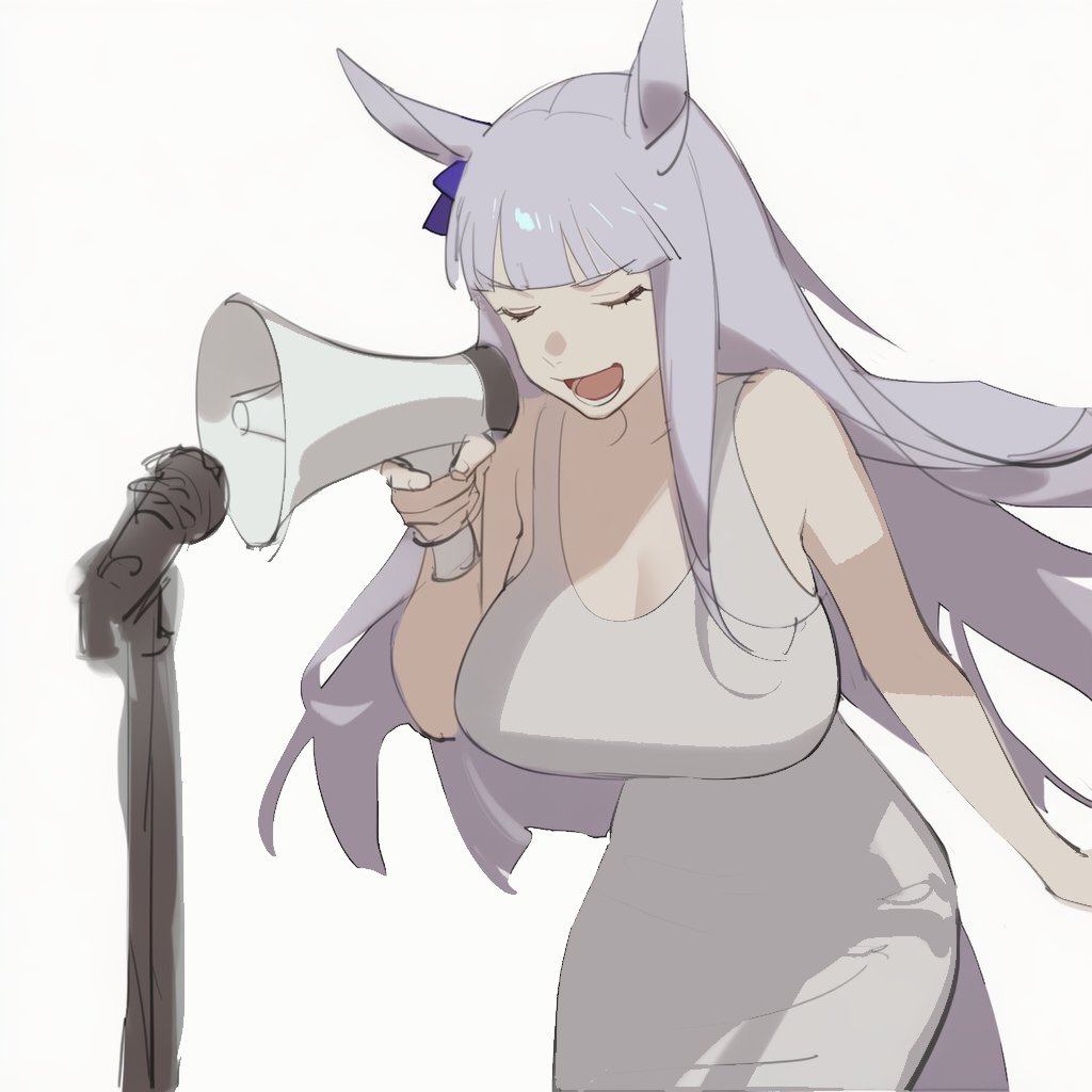 1girl, animal_ears, bare_shoulders, blunt_bangs, bow, breasts, closed_eyes, commentary