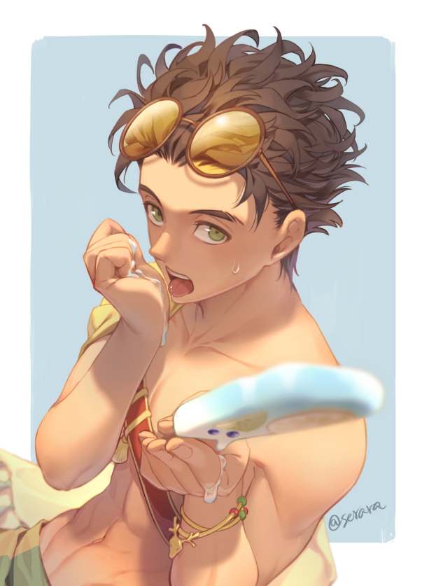 1boy, abs, bare_pectorals, belt, border, bracelet, brown-framed_eyewear, brown_hair, cape, chest_belt, claude_von_riegan, claude_von_riegan_(summer), collarbone, commentary, curled_fingers, dutch_angle, english_commentary, eyewear_on_head, fingernails, fire_emblem, fire_emblem:_three_houses, fire_emblem_heroes, food, green_eyes, holding, holding_food, holding_popsicle, jewelry, licking, licking_own_arm, looking_to_the_side, male_focus, melting, melting_popsicle, natsuyon, navel, official_alternate_costume, outside_border, pectorals, popsicle, round_eyewear, sanpaku, short_hair, short_sideburns, side_cape, sideways_glance, solo, summer, sweat, tinted_eyewear, toned, toned_male, twitter_username, wavy_hair, white_border, yellow-tinted_eyewear, yellow_cape