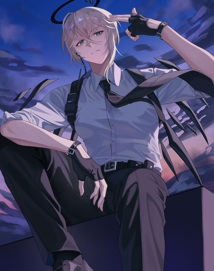 1boy, absurdres, arknights, black_gloves, black_halo, black_necktie, black_pants, blue_eyes