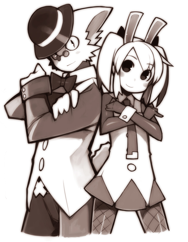 animal_ears, bachera, blush, bunny_ears, copyright_request, crossed_arms, elbow_gloves, fishnet_pantyhose