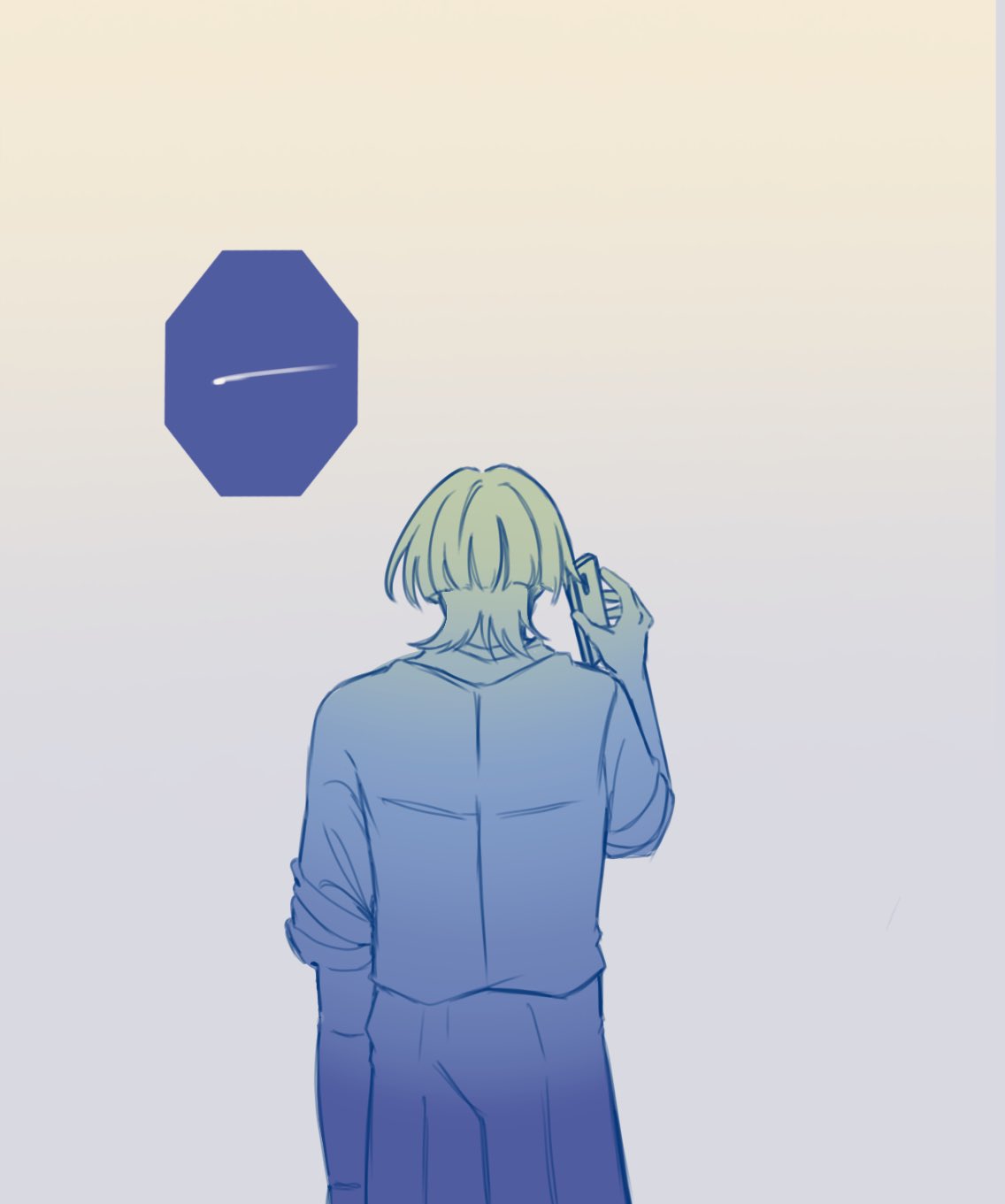 1boy, alphastroo, arm_at_side, blunt_ends, cellphone, facing_away, from_behind, genshin_impact