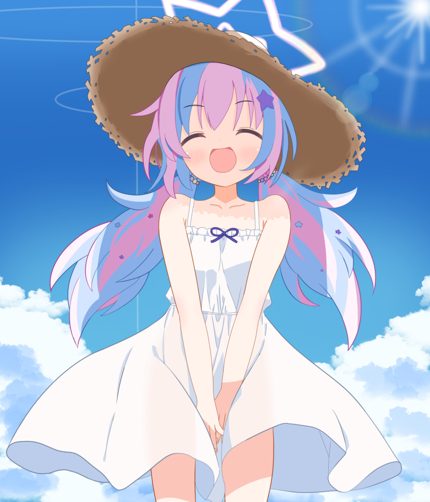 1girl, absurdres, alternate_costume, bare_legs, bare_shoulders, blue_archive, blue_hair, blush, closed_eyes, dress, halo, hat, highres, long_hair, low_twintails, masushi_masashi, multicolored_hair, open_mouth, purple_hair, reisa_(blue_archive), sidelocks, solo, sun_hat, twintails, two-tone_hair, white_dress, white_halo