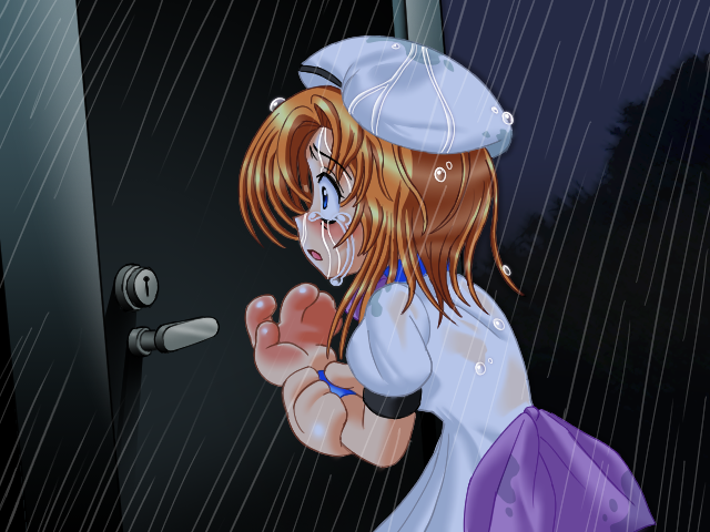 1girl, constricted_pupils, door, dress, from_side, gunkeystuff, hat, higurashi_no_naku_koro_ni