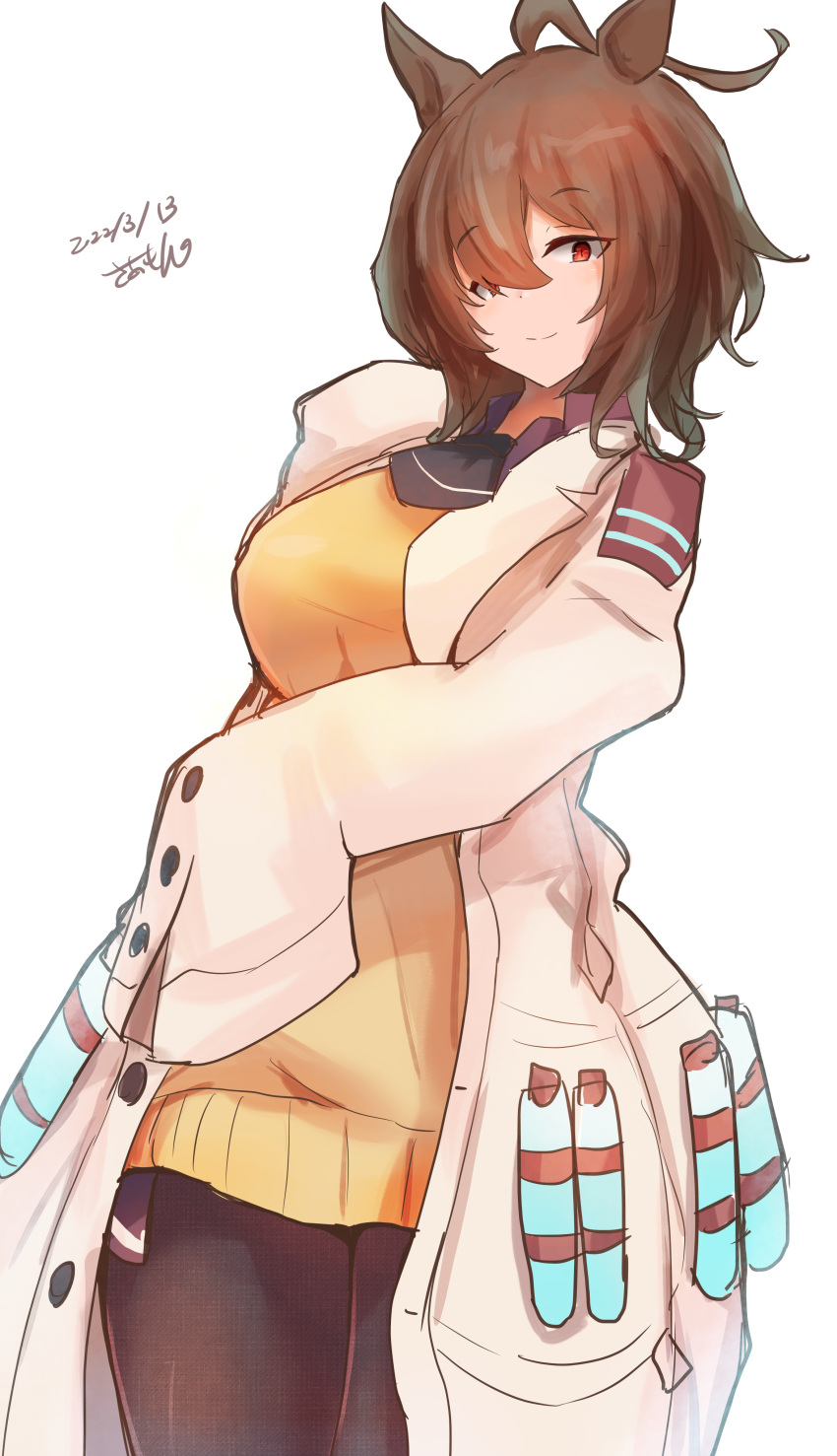 1girl, absurdres, agnes_tachyon_(umamusume), ahoge, alternate_breast_size, animal_ears, black_necktie, black_pantyhose