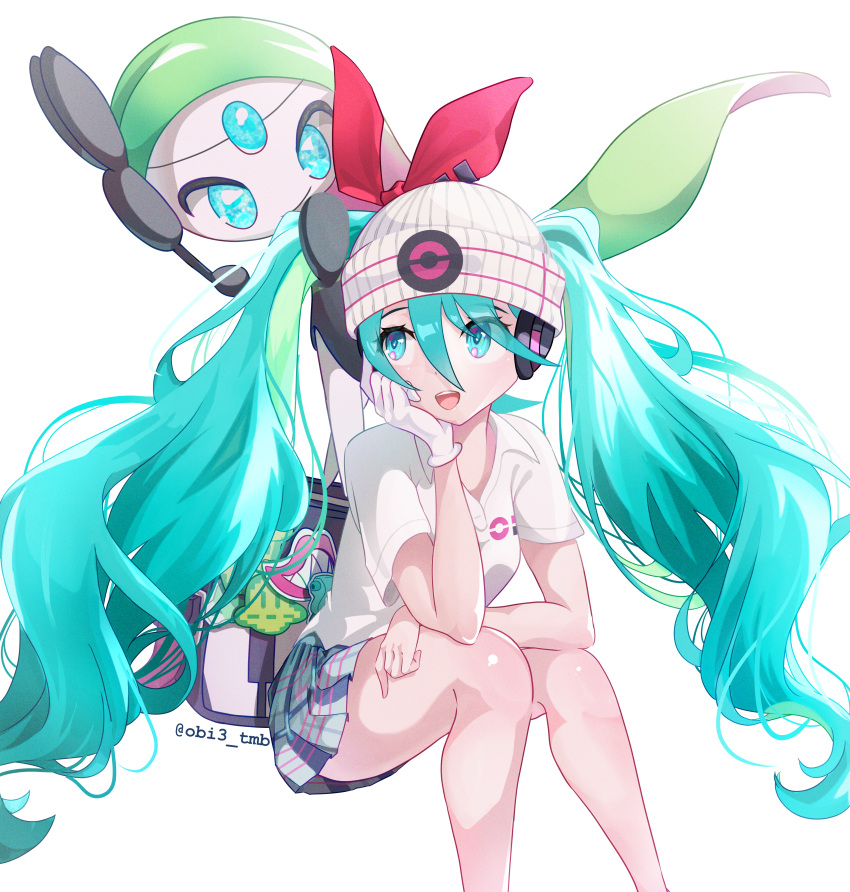 2girls, absurdres, aqua_eyes, aqua_hair, bag, beanie, blush, breasts