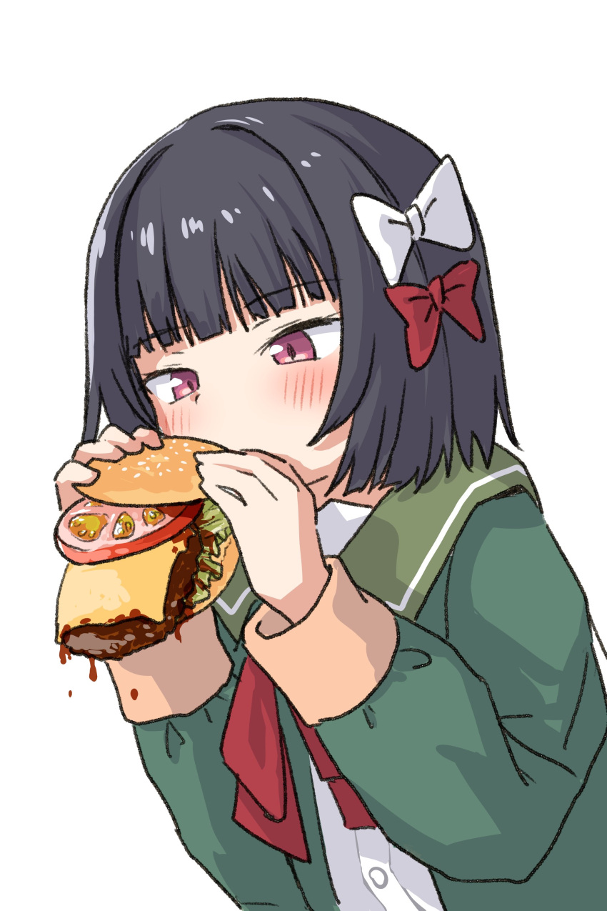 1girl, absurdres, black_hair, bow, bowtie, burger, burger_malfunction, eating