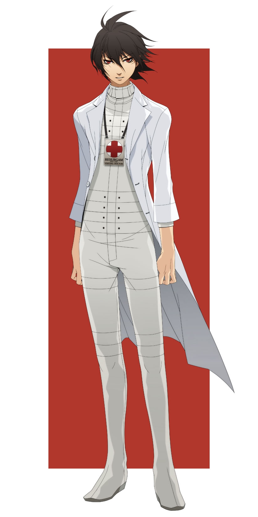 black_hair, cr-s01, hospital, lab_coat, official_art, red_eyes, trauma_team, white